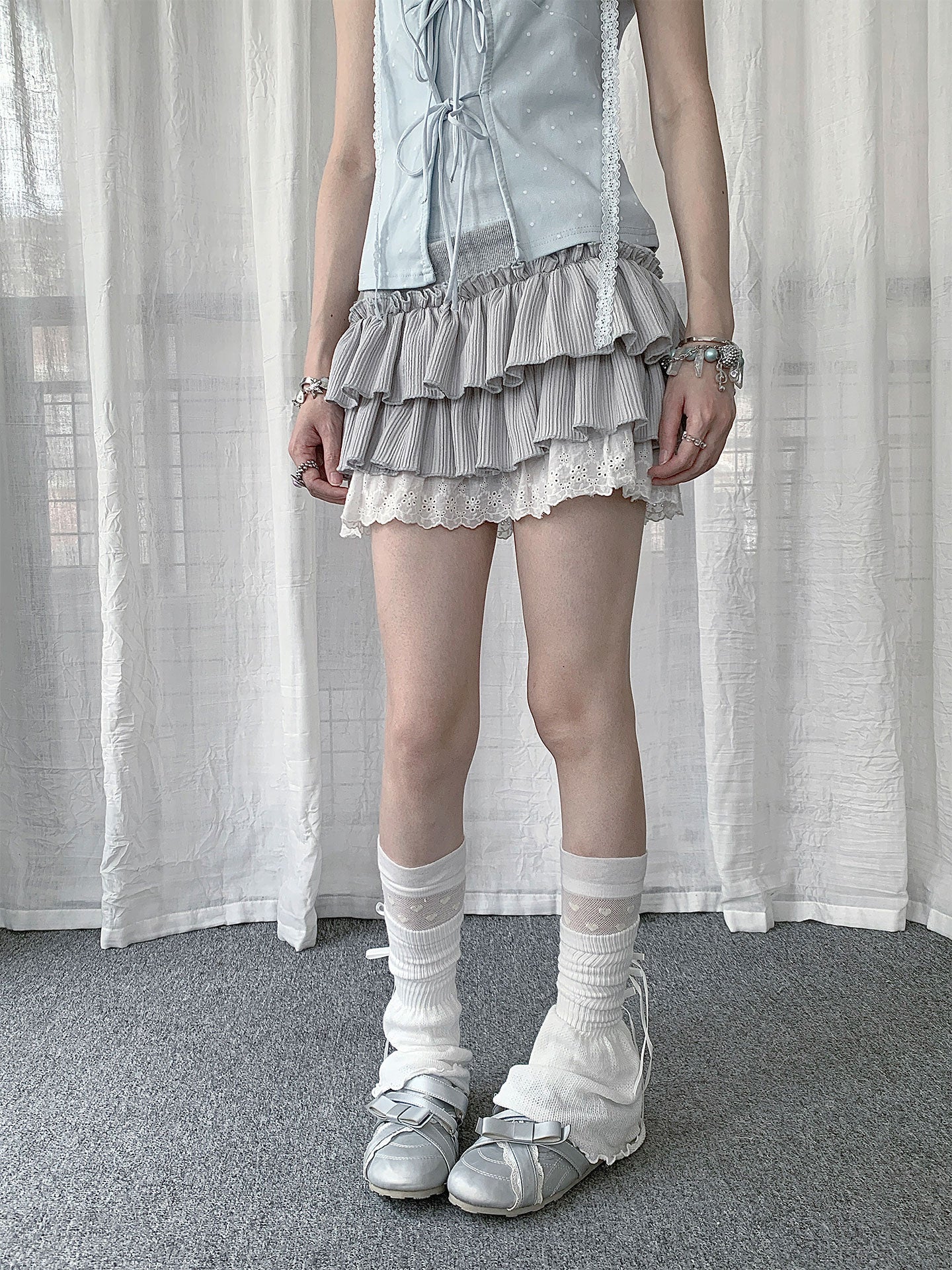Silver-Gray Ballet Tiered Ruffle Lace Mini Skirt