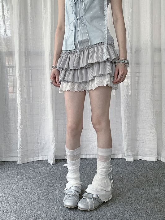 Silver-Gray Ballet Tiered Ruffle Lace Mini Skirt