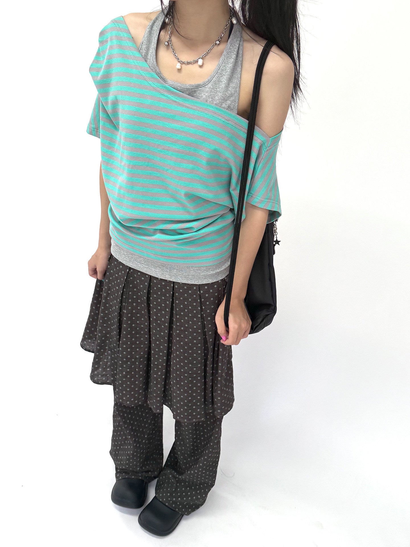 Mint Stripe Off-Shoulder Layered Halter Tee