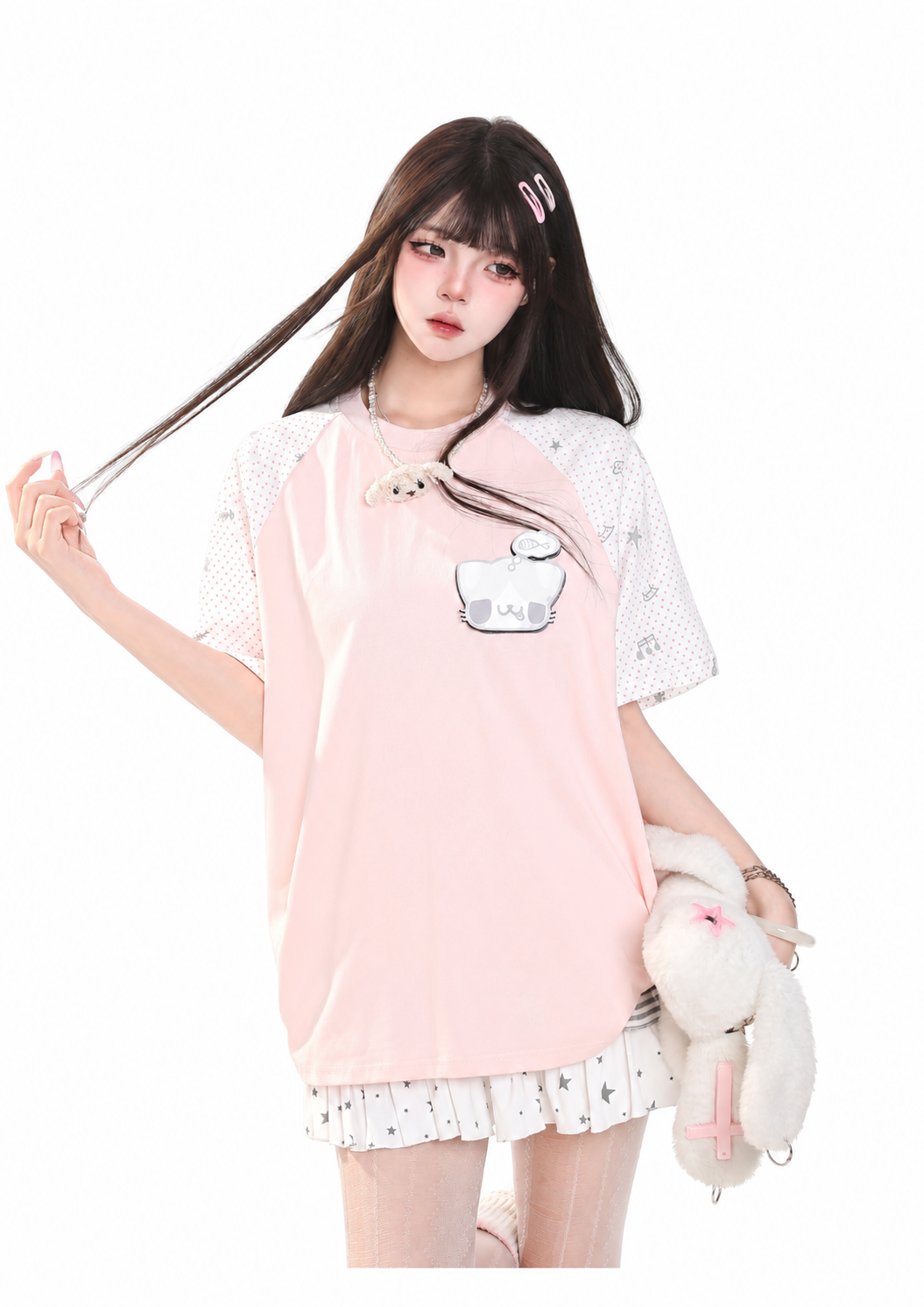 Embroidered Kitty Raglan Oversized Tee