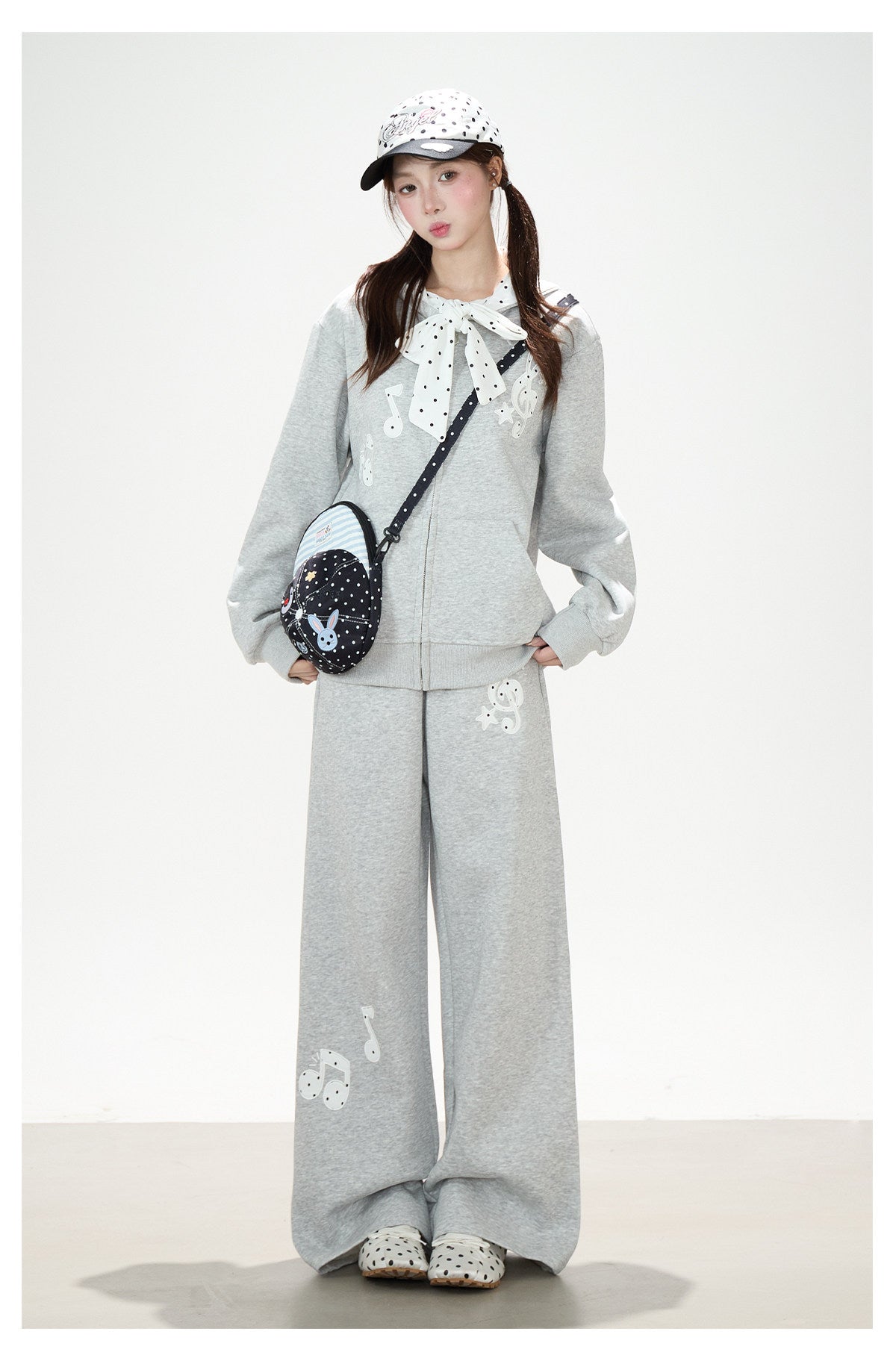 Music Note Polka-Dot Bow Zip-Up Hoodie & Gray Wide-Leg Pants