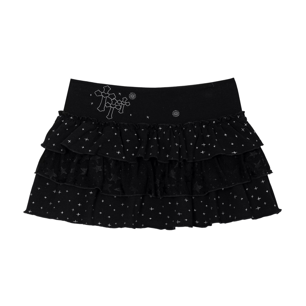 Polka-Dot Stripe Asymmetric Button Jacket & Black Tiered Mini Skirt