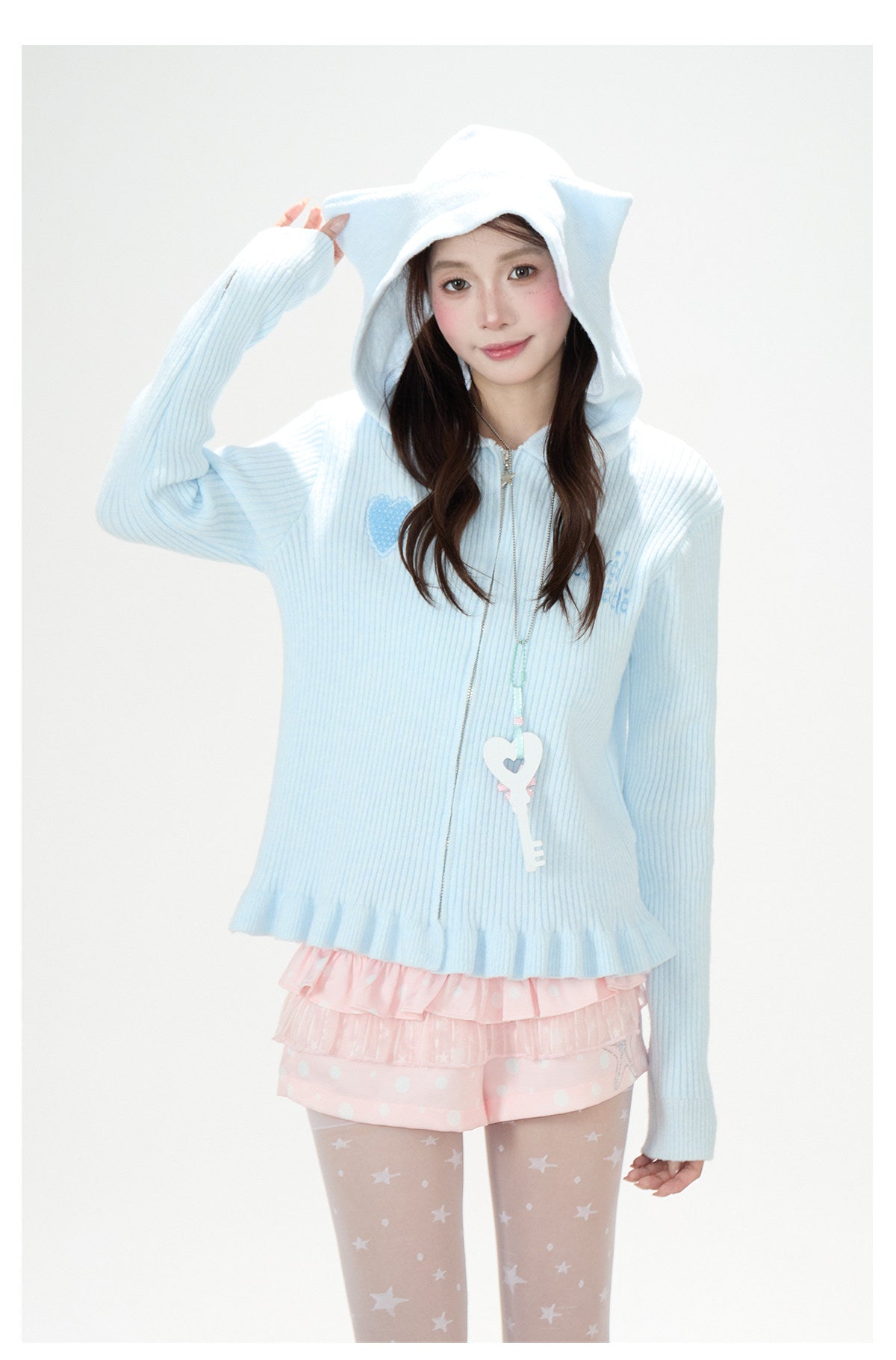 Cat-Ear Hooded Knit Zip Cardigan & Pink Ruffle Shorts