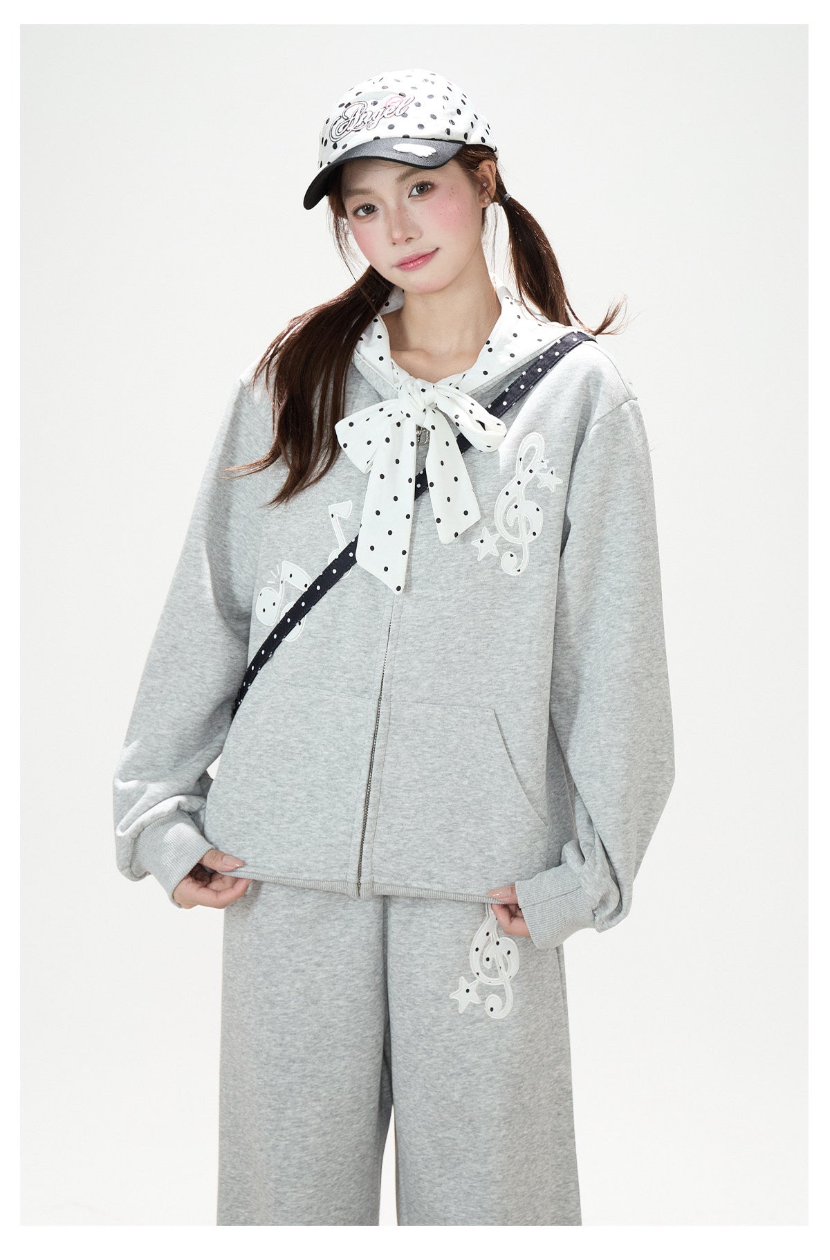 Music Note Polka-Dot Bow Zip-Up Hoodie & Gray Wide-Leg Pants
