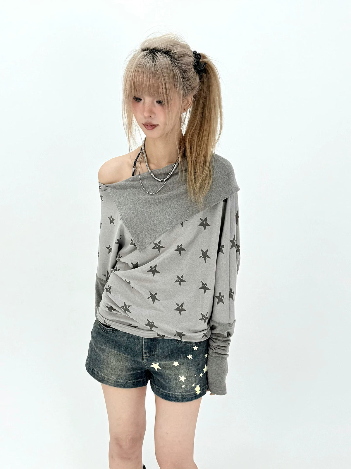 Star Print Draped Off-Shoulder Long Sleeve Top