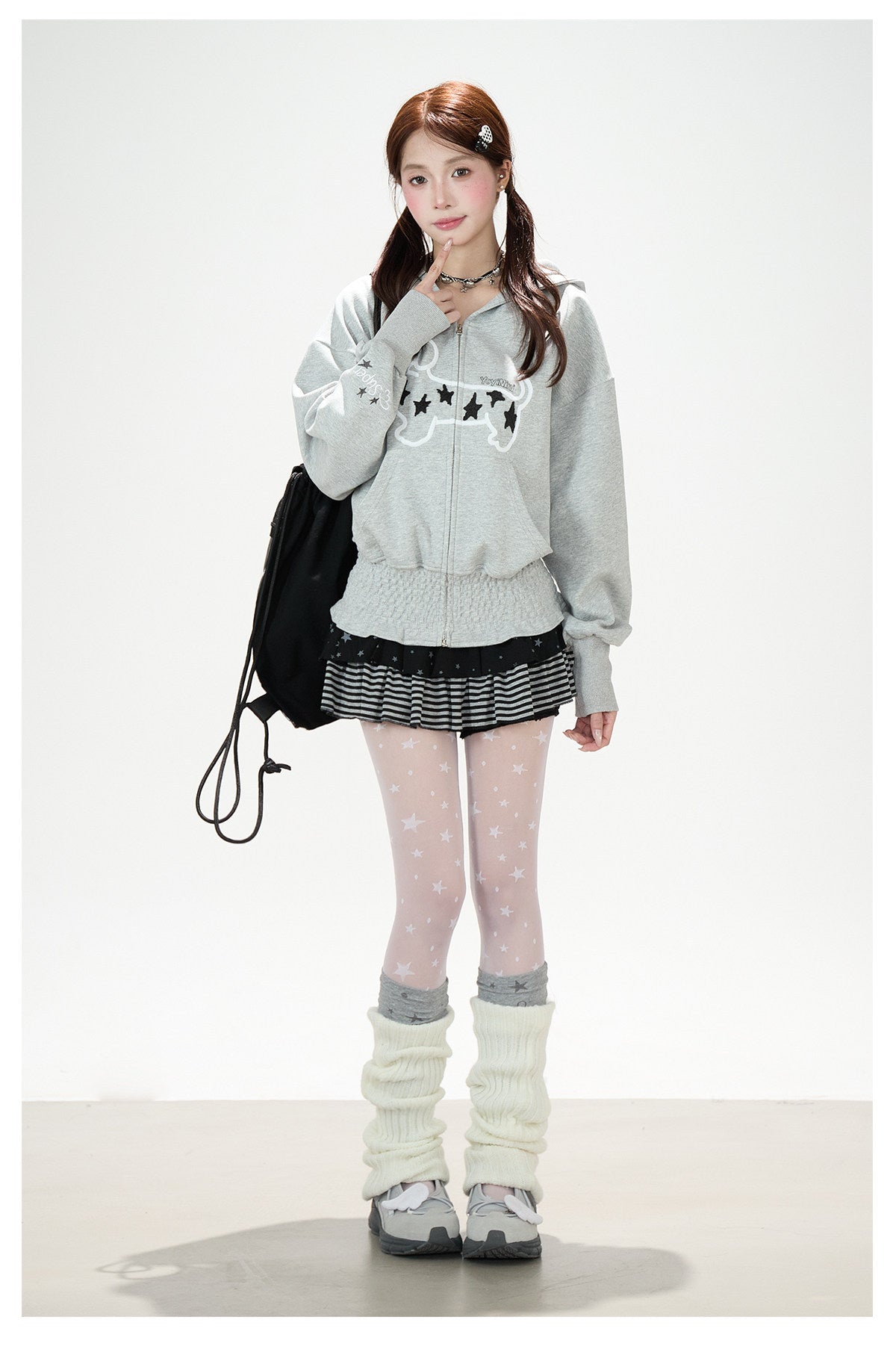 Star Puppy Zip-Up Hoodie & Black Stripe Ruffle Mini Skirt