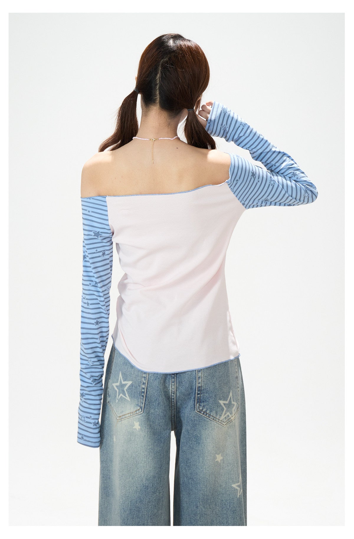 Star Stripe Off-Shoulder Long Sleeve Top & Graphic Star Wide-Leg Pants