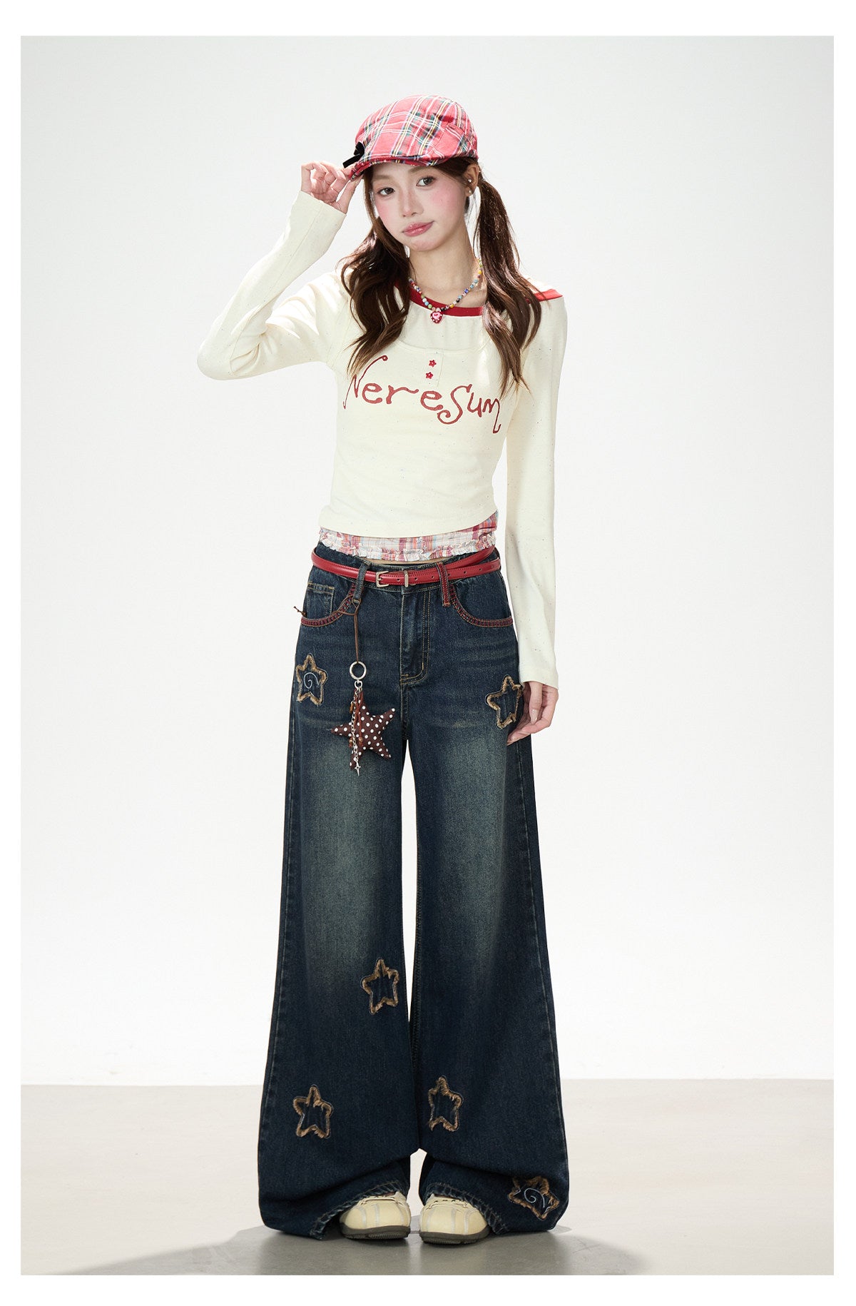 Letter Print Layered Long Sleeve Top & Star Patch Wide-Leg Jeans