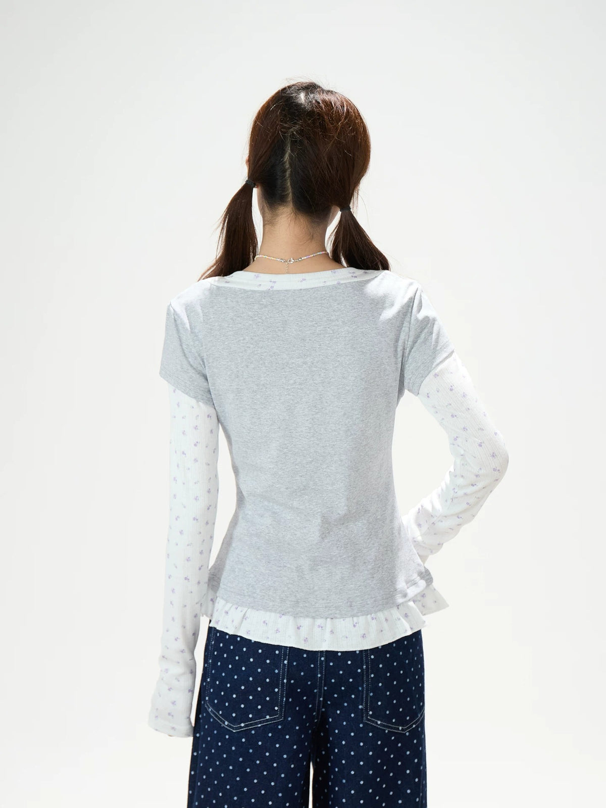 Floral Layered Long Sleeve Top & Navy Polka-Dot Wide-Leg Pants