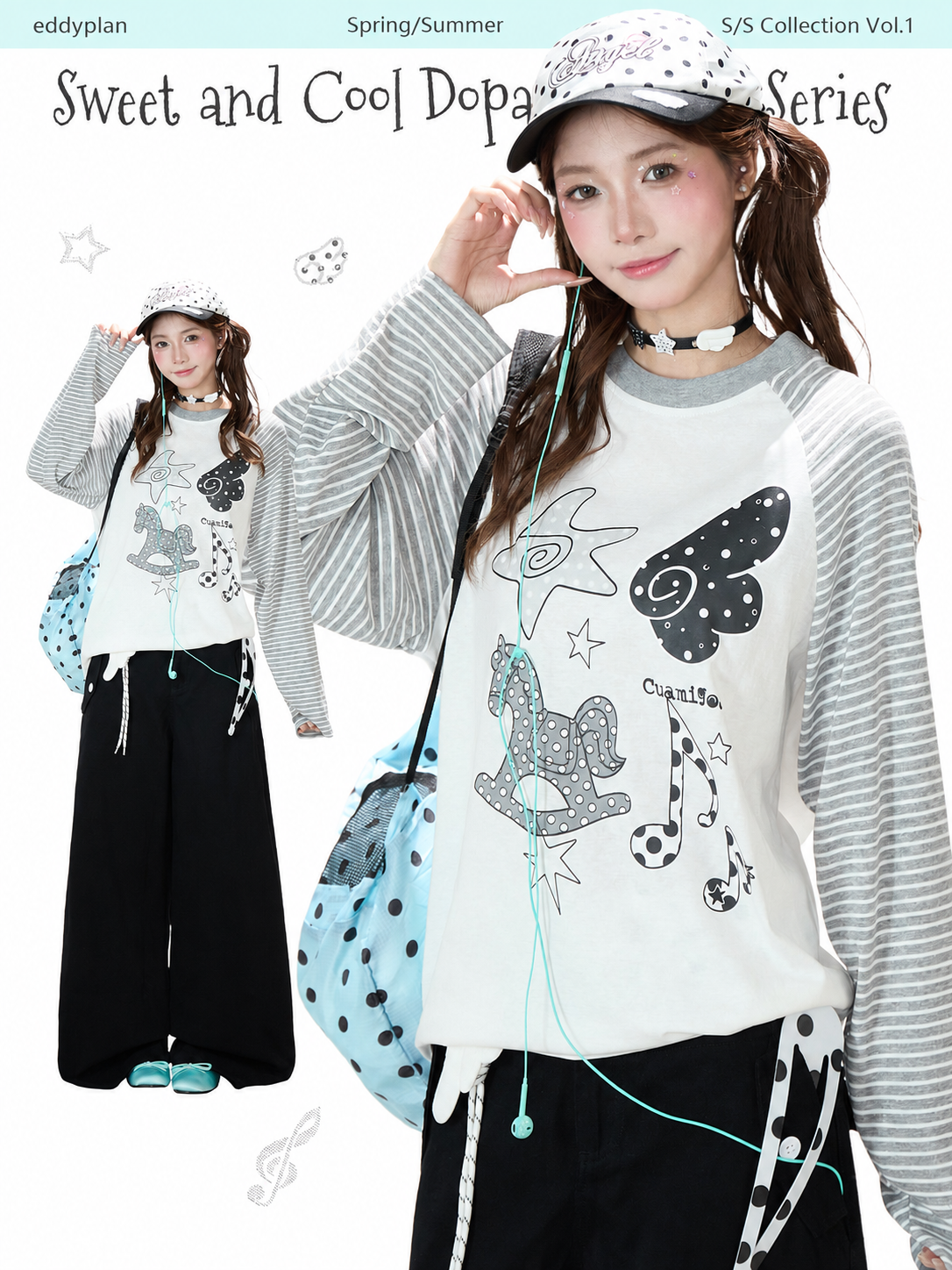 Playful Graphic Raglan Long Sleeve Top & Polka Dot Waist Wide-Leg Pants