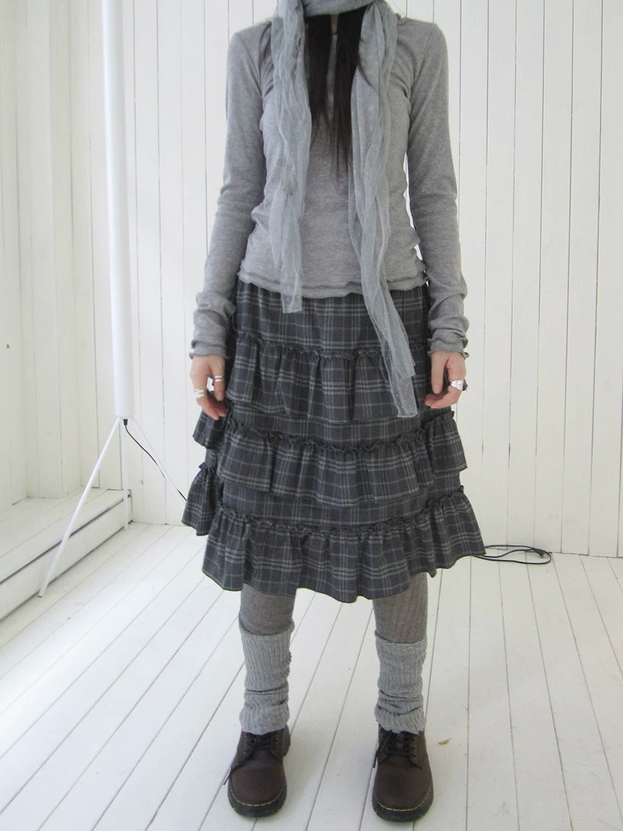 Vintage Gray Plaid Tiered Ruffle Skirt
