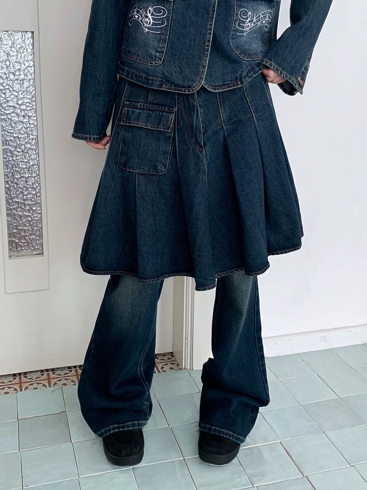 Washed Denim Utility Pleated Skirt