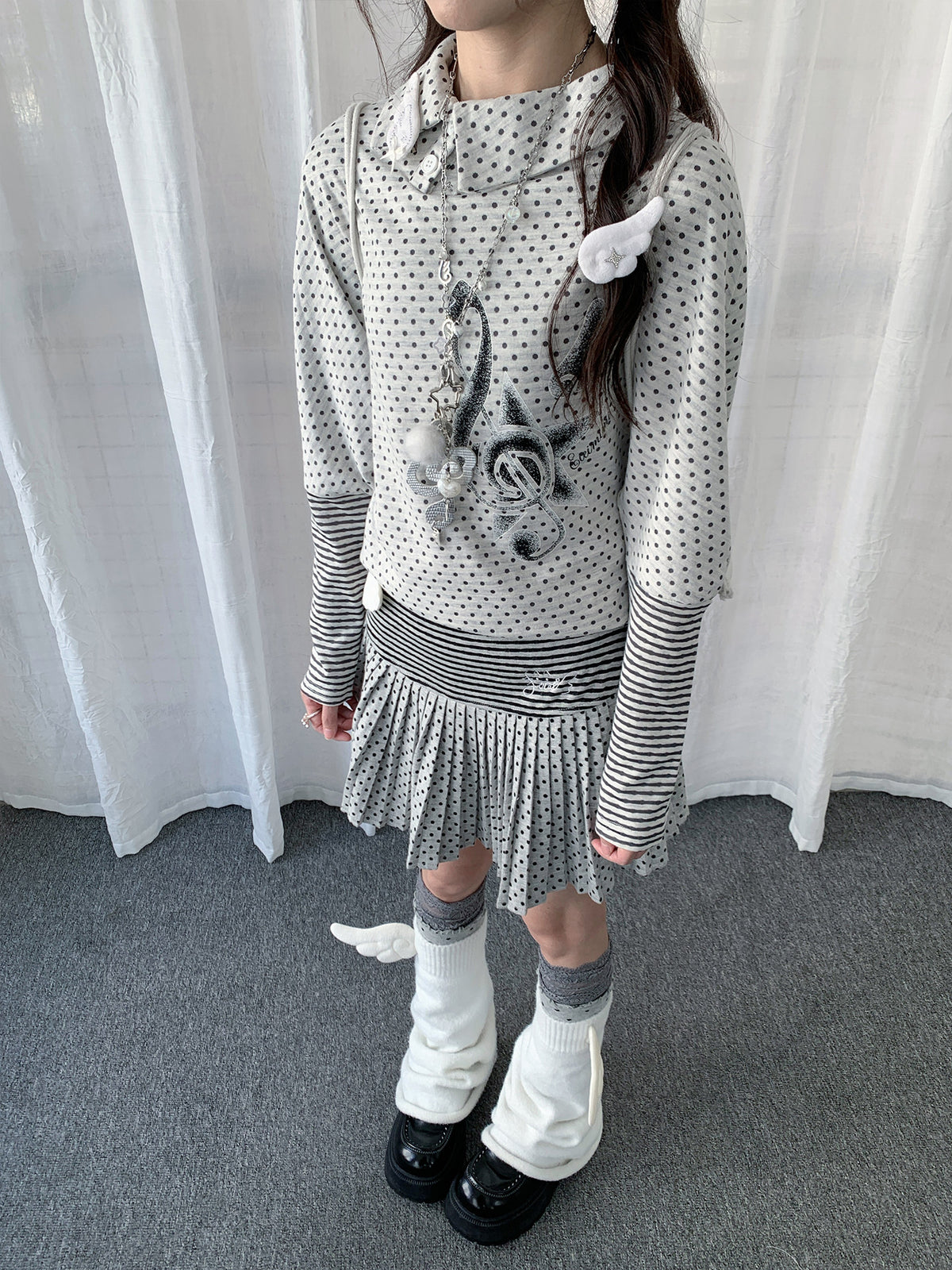Polka Dot Collar Striped Layered Long Sleeve Top