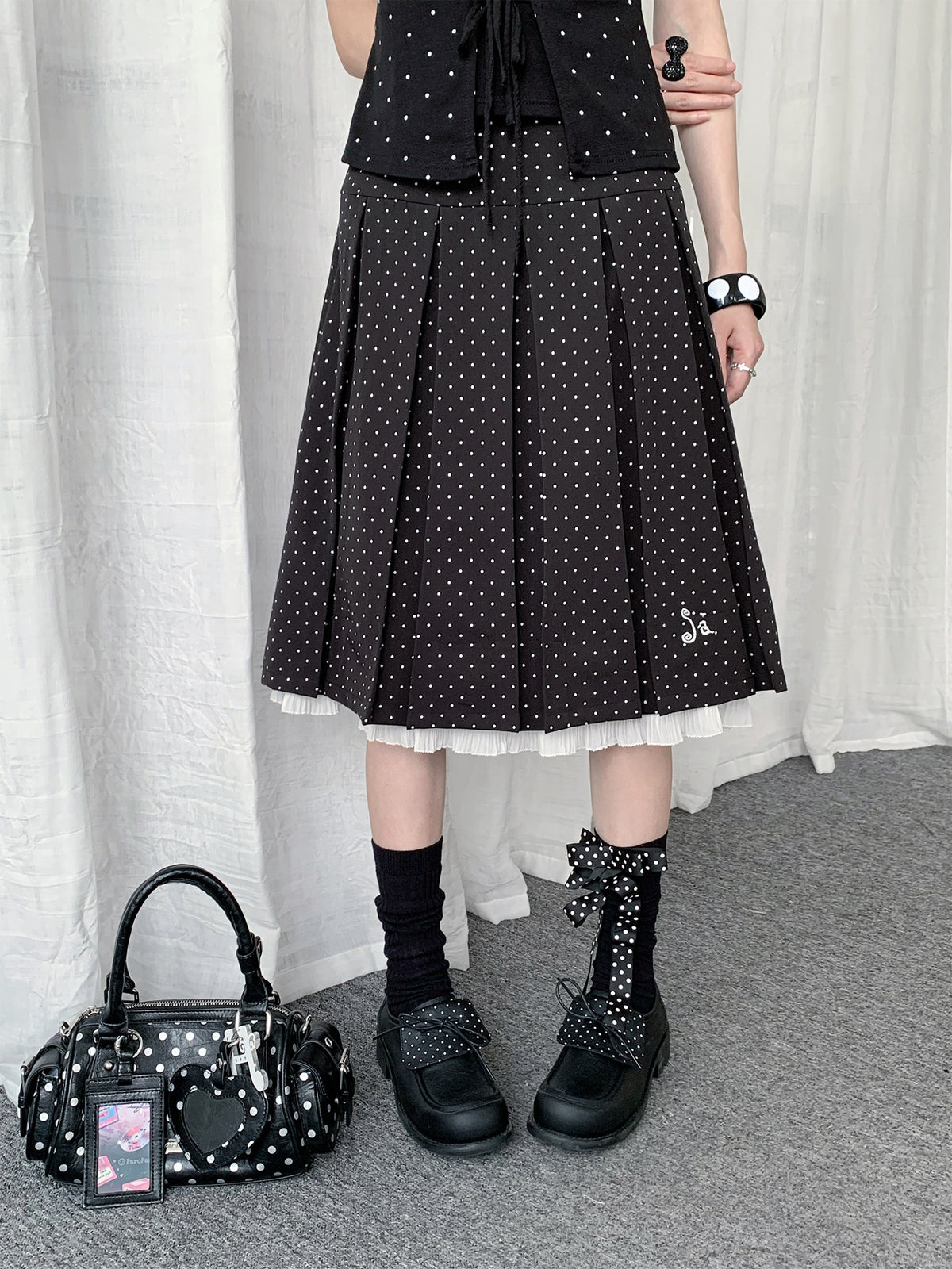 Polka Dot Pleated Ruffle Midi Skirt