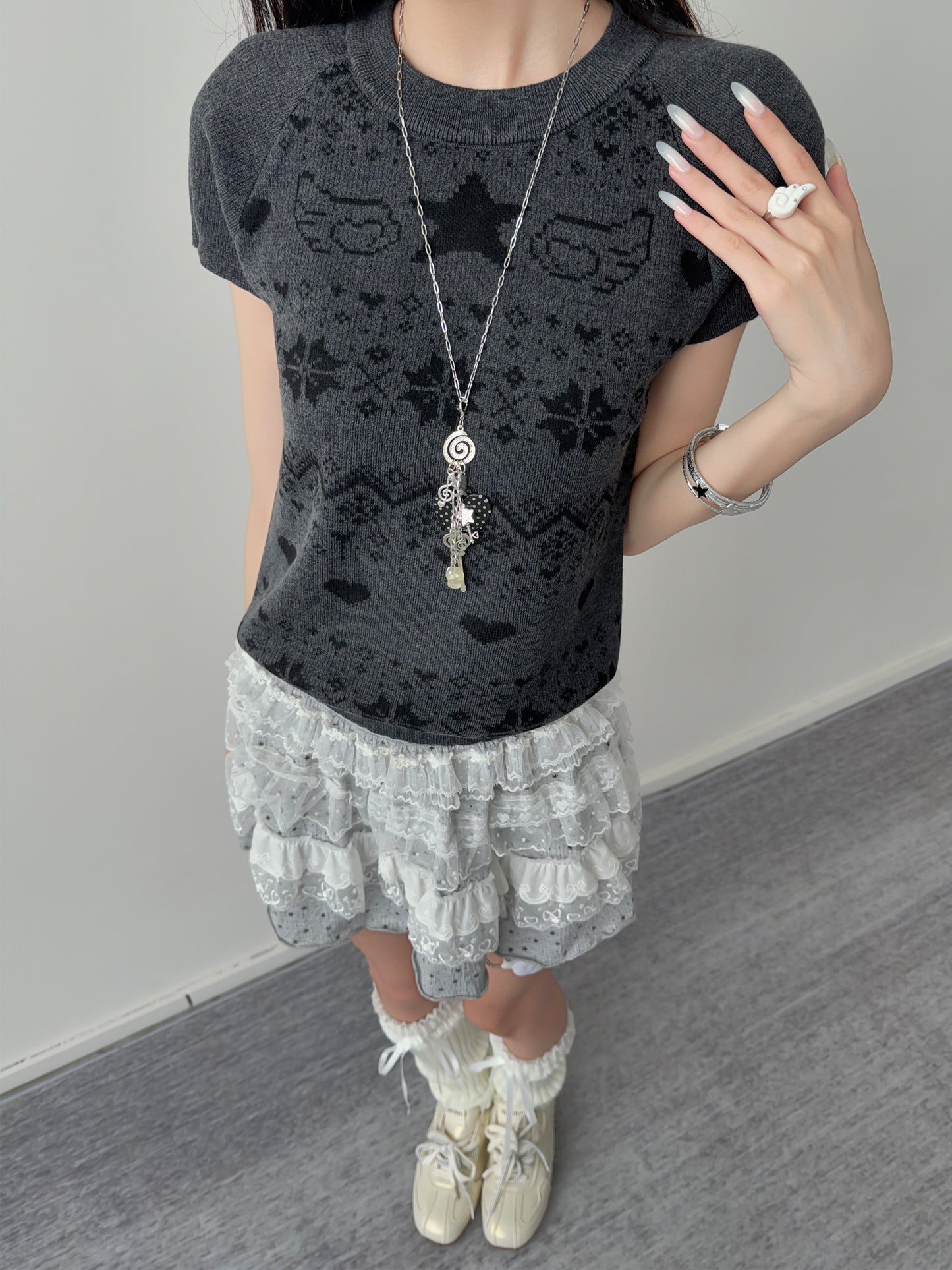 Star Wing Fair Isle Short-Sleeve Knit Top
