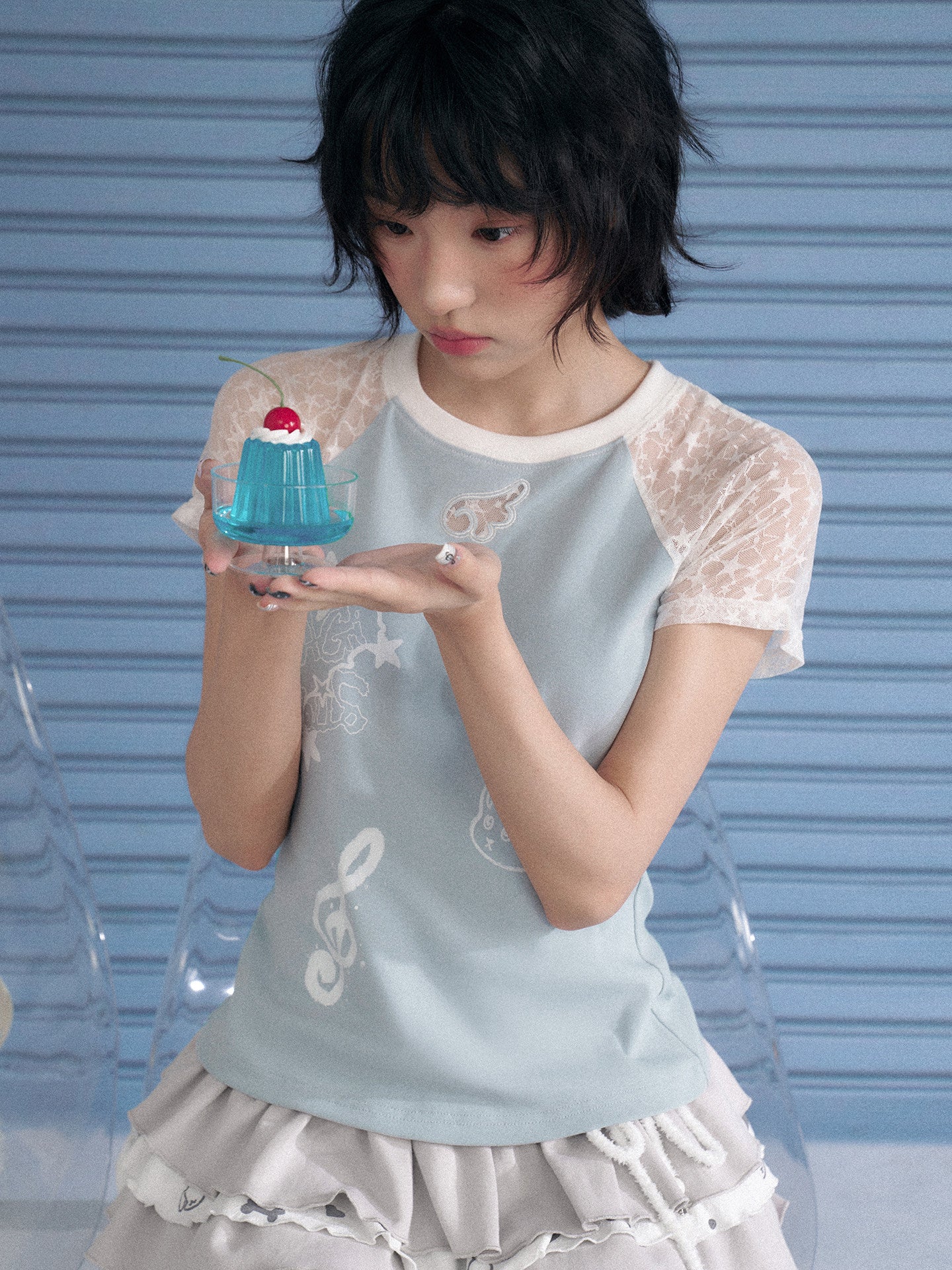 Ice Blue Lace Raglan Graphic Tee