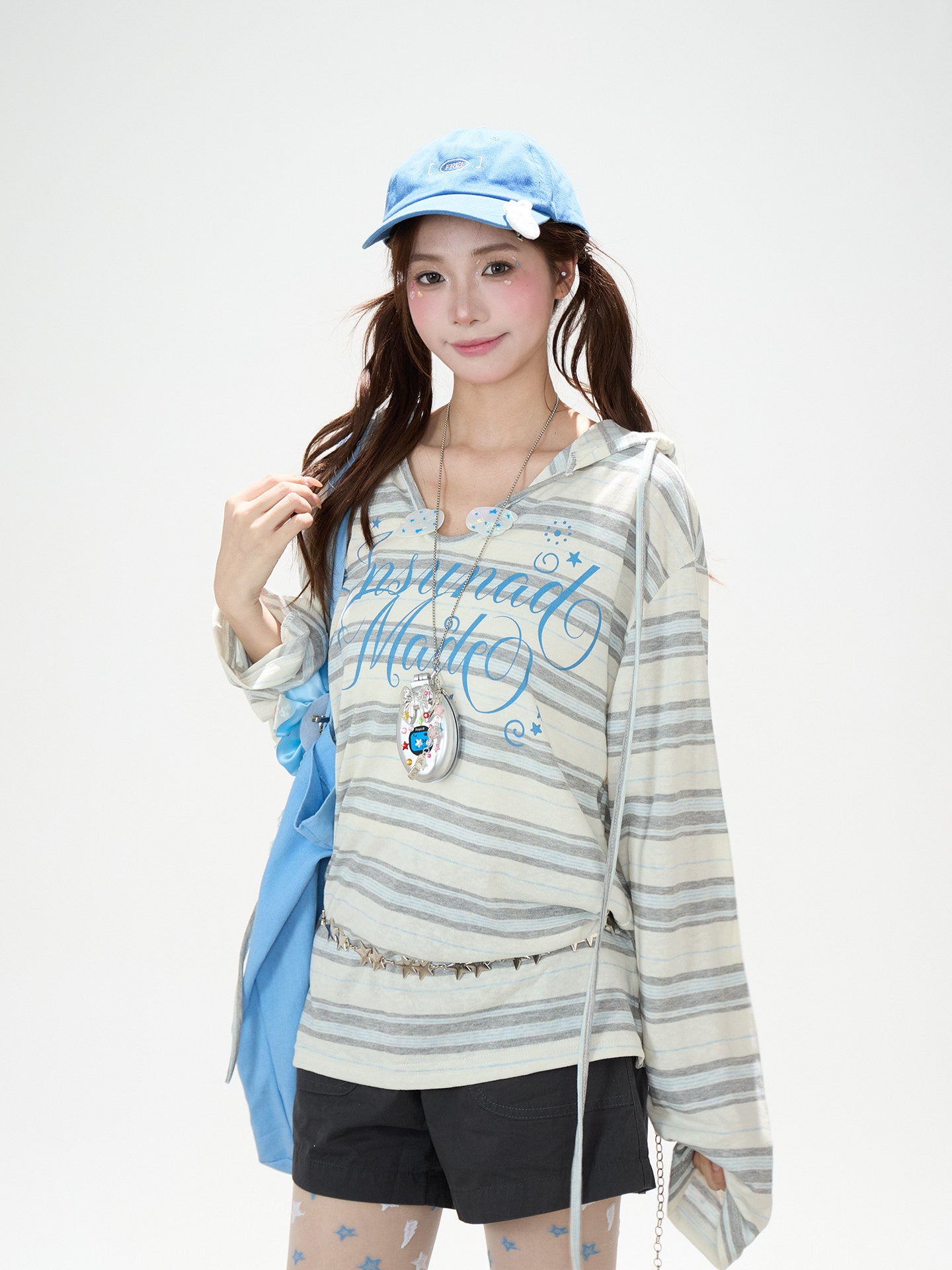 Blue Striped Hooded Long Sleeve Top & Dark Gray Drawstring Shorts