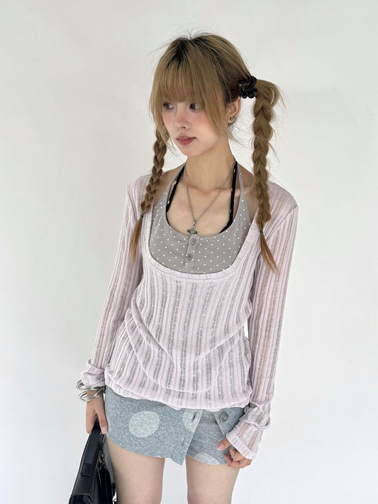 Wisteria Open-Knit Faux-Layer Long Sleeve Top
