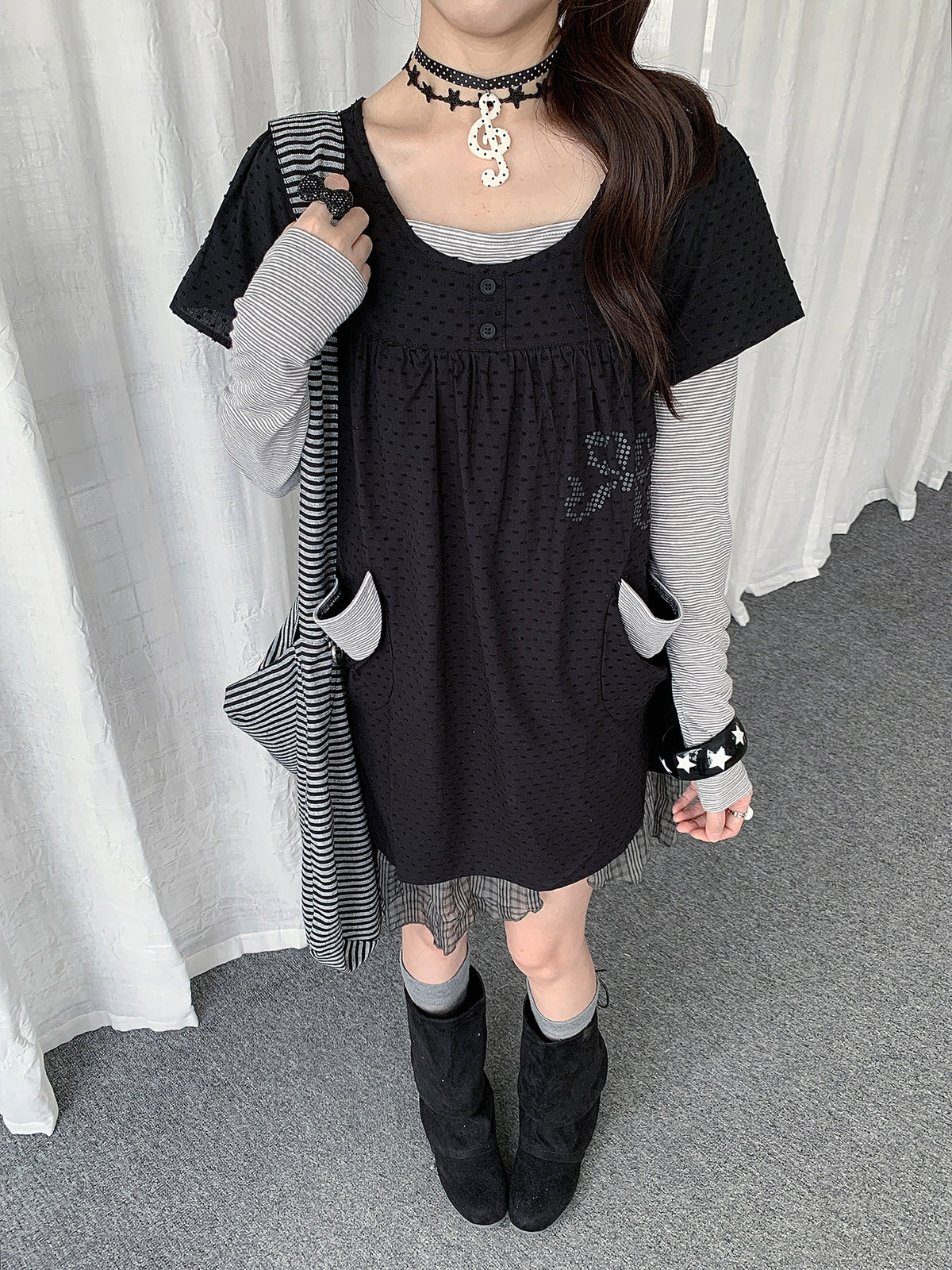 Swiss Dot Faux-Layered Long Sleeve Tunic Dress