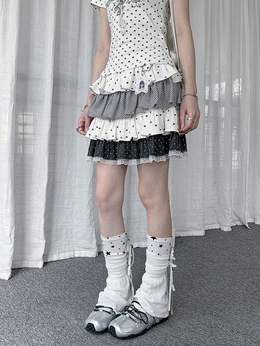Starry Polka Dot Tiered Ruffle Mini Skirt