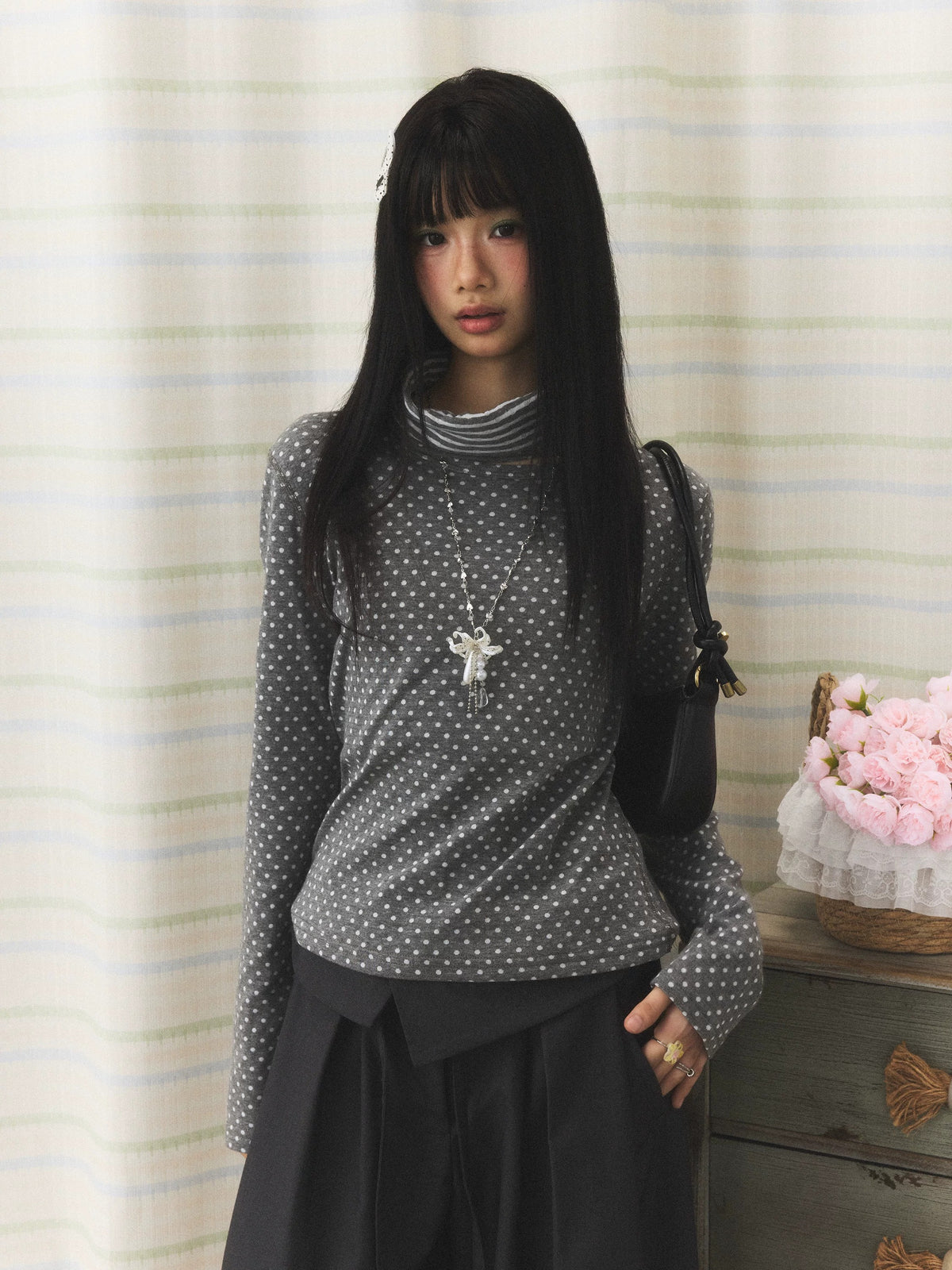 Polka Dot Contrast Turtleneck Long Sleeve Top
