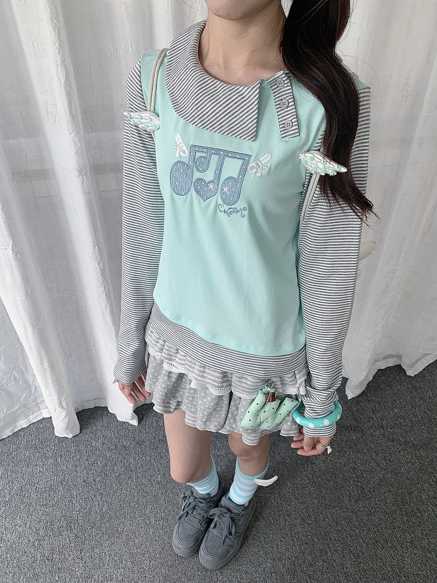 Music Note Embroidered Faux-Layered Long Sleeve Top