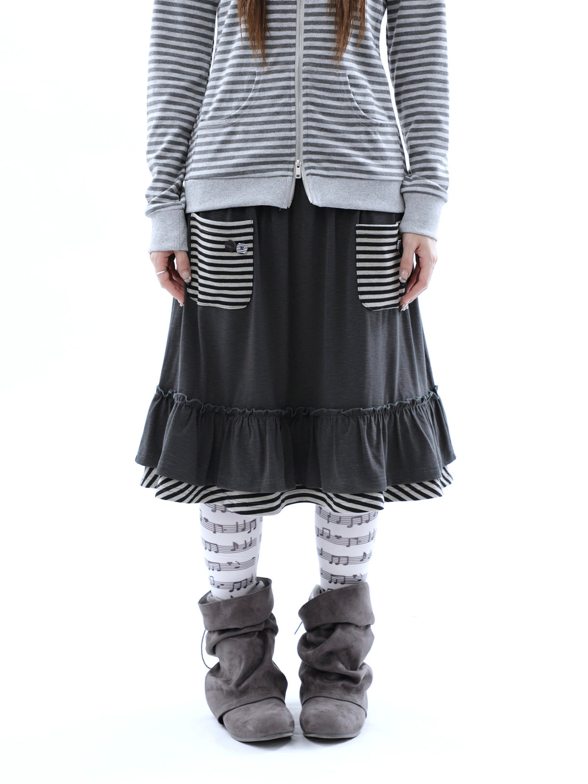 Striped Pocket Ruffle Layered Midi Skirt