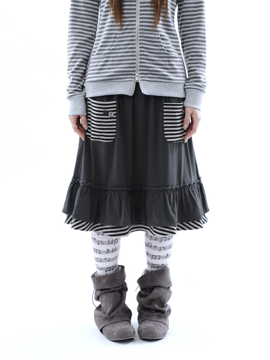 Striped Pocket Ruffle Layered Midi Skirt