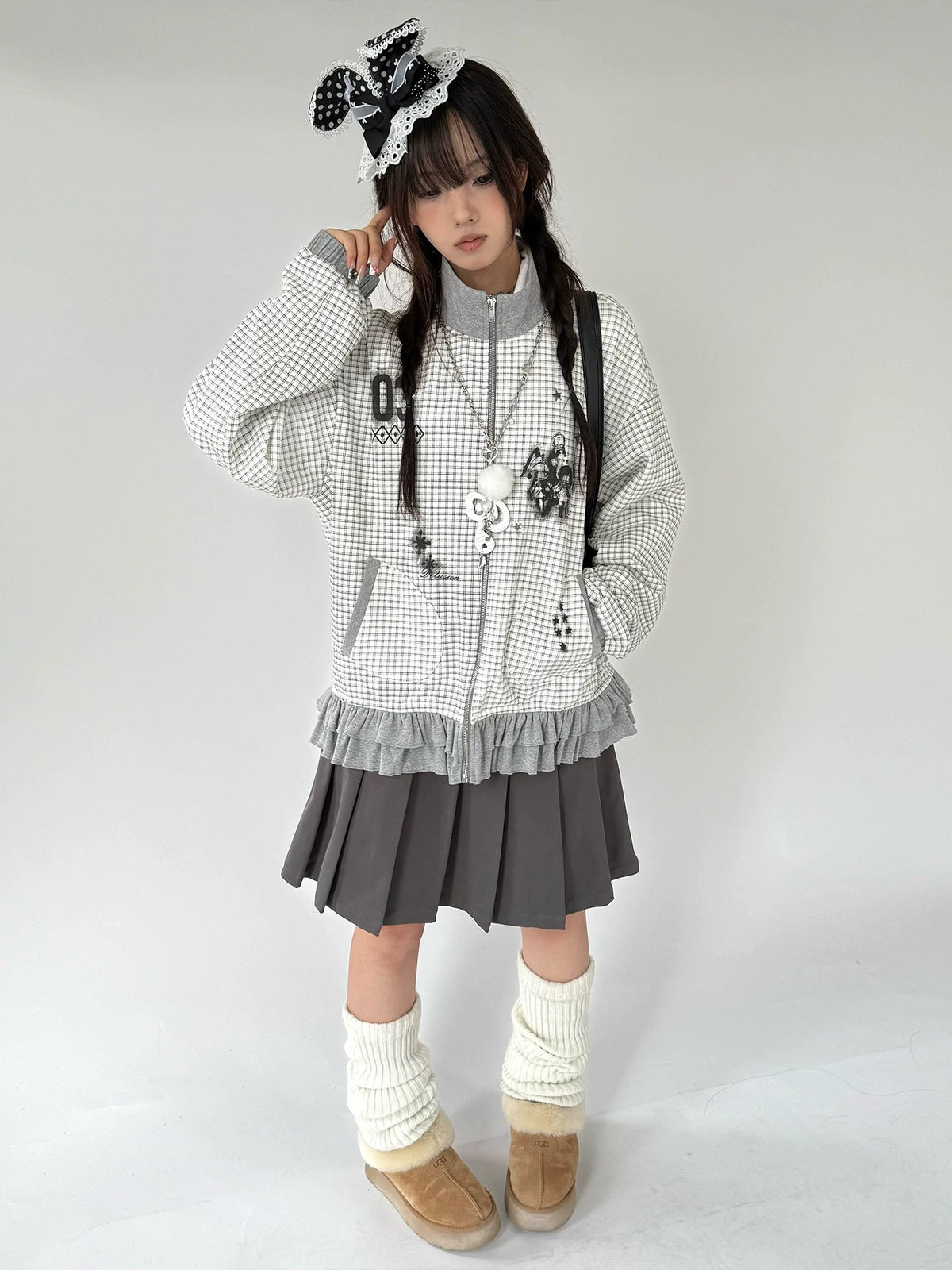 Sugar Check Graphic Ruffle-Hem Zip-Up Jacket