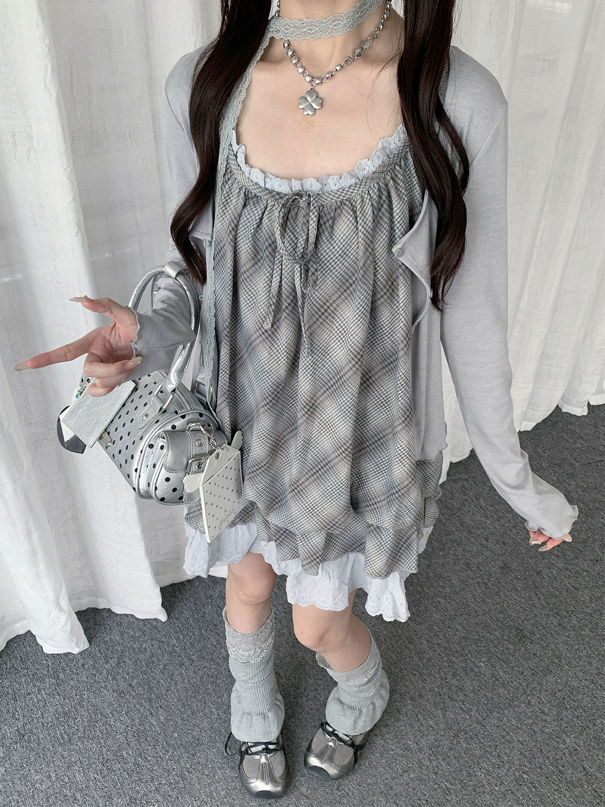 Dusty Blue Plaid Lace Bubble Dress Three-Piece Set
