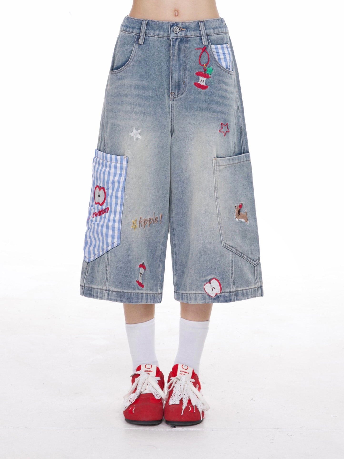 Apple Plaid Cropped Wide-Leg Jeans