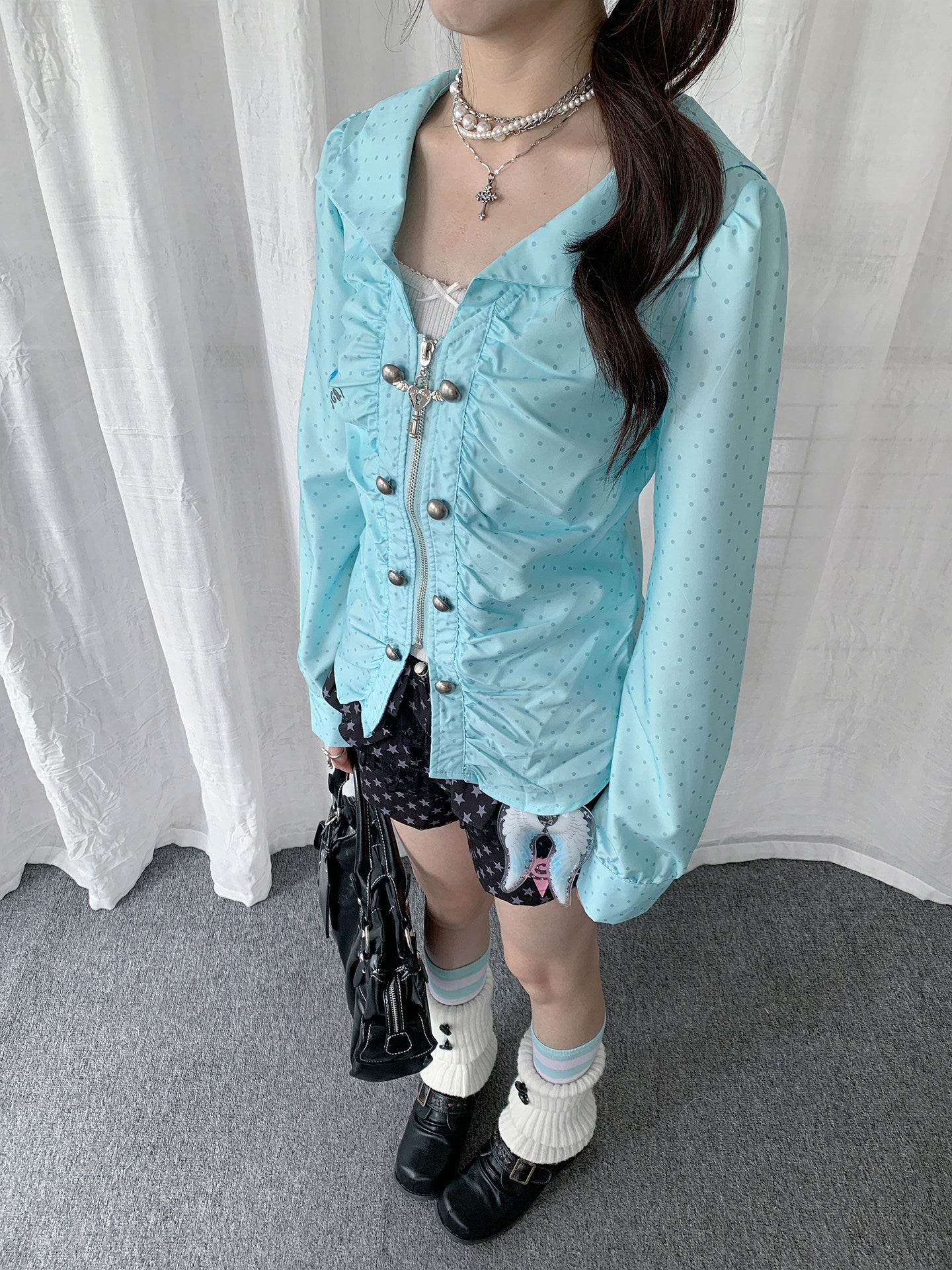Mint Dot Ruched Zip-Front Long-Sleeve Blouse