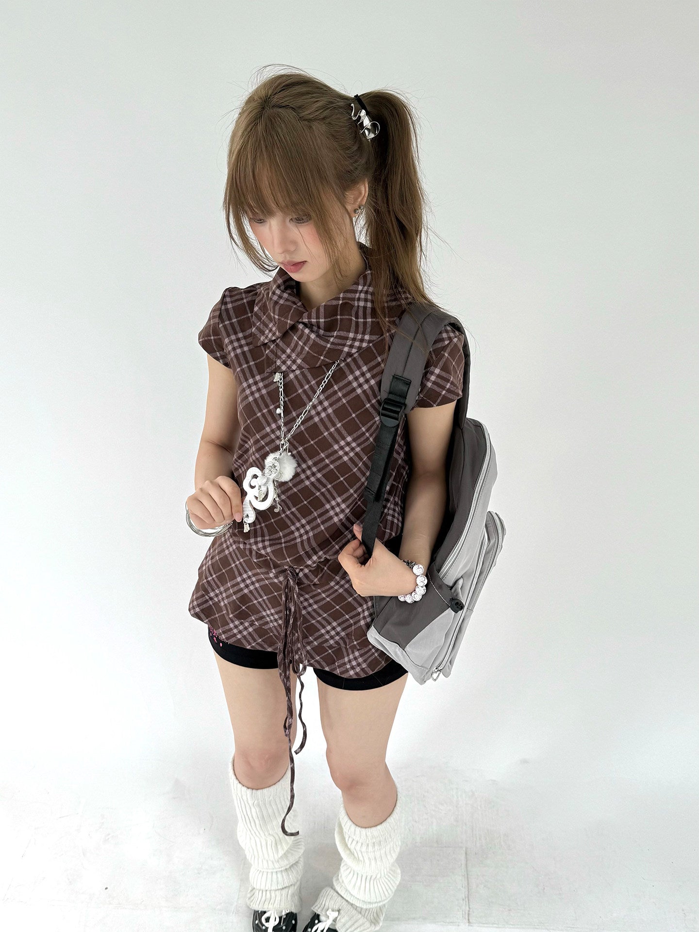 Brown Plaid Drawstring Ruffle-Collar Tunic Top