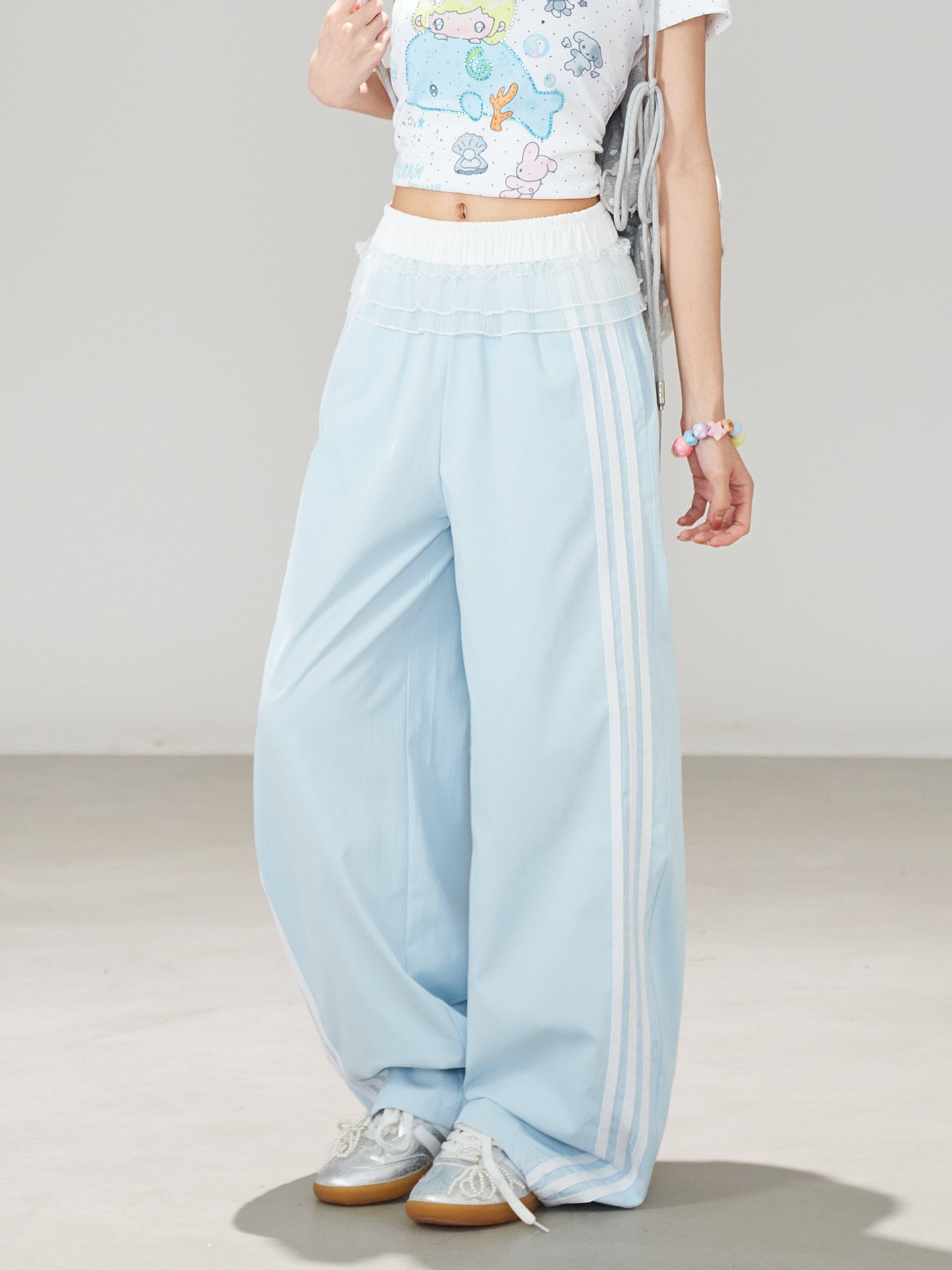 Ruffle Waist Side Stripe Wide-Leg Pants