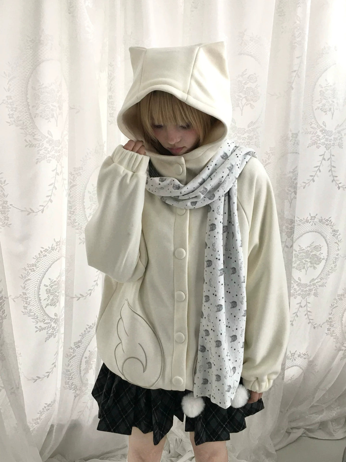 Dusty Blue & Ivory Fleece-Lined Cat Ear Wing Pocket Hooded Jacket
