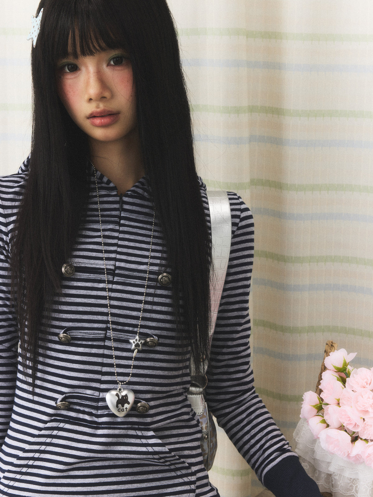 Navy Striped Military Button Hooded Top