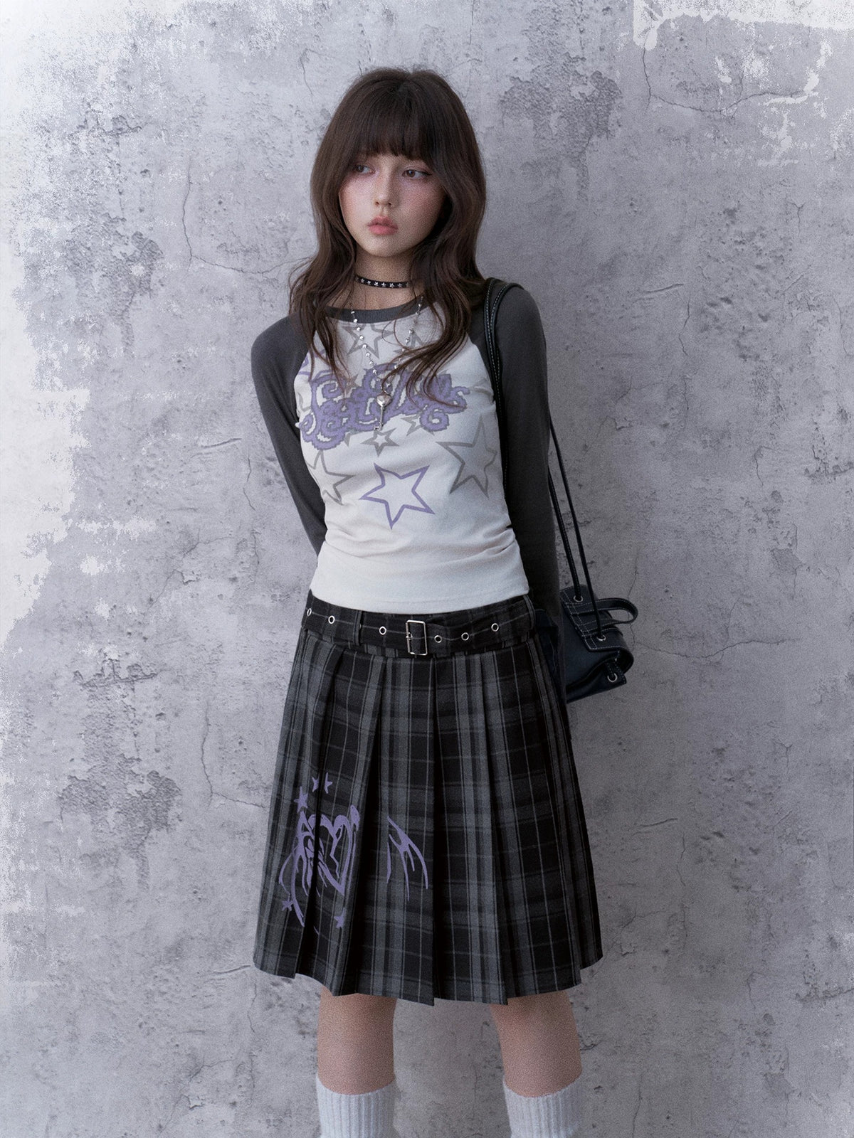 Double-Waist Graphic Plaid Pleated Midi Skirt