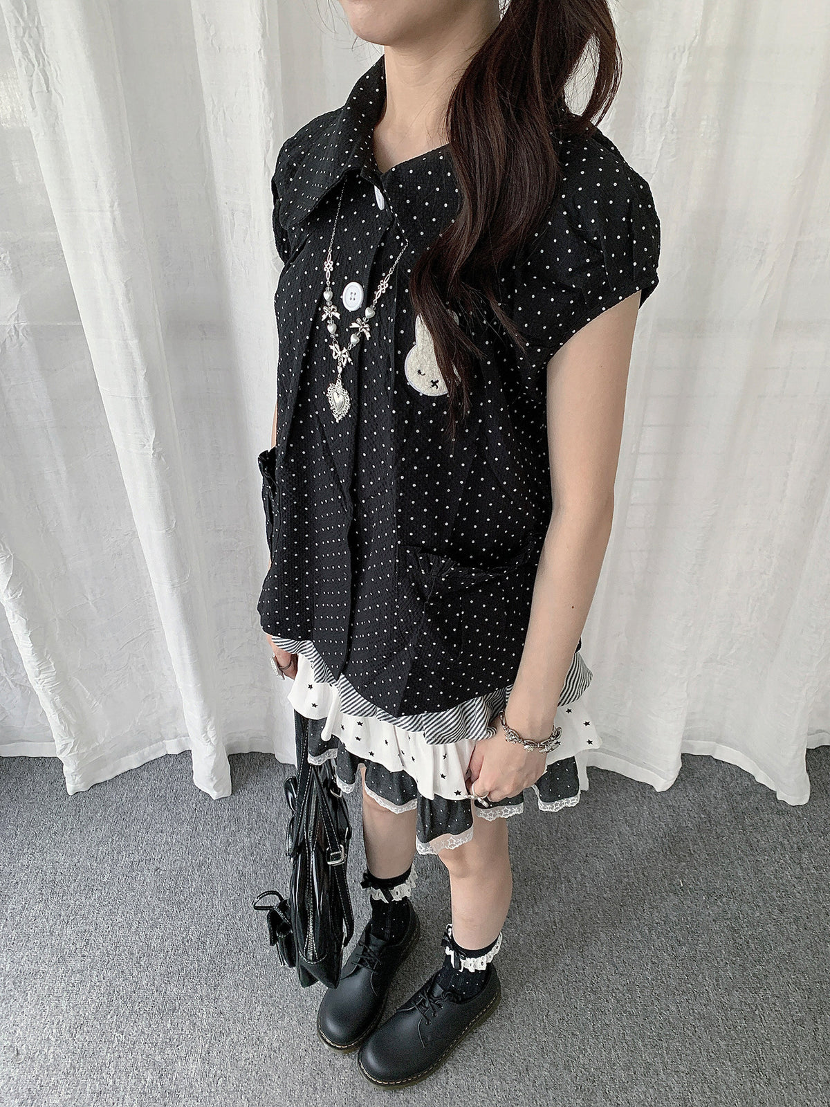 Polka Dot Bunny Patch Puff-Sleeve Shirt
