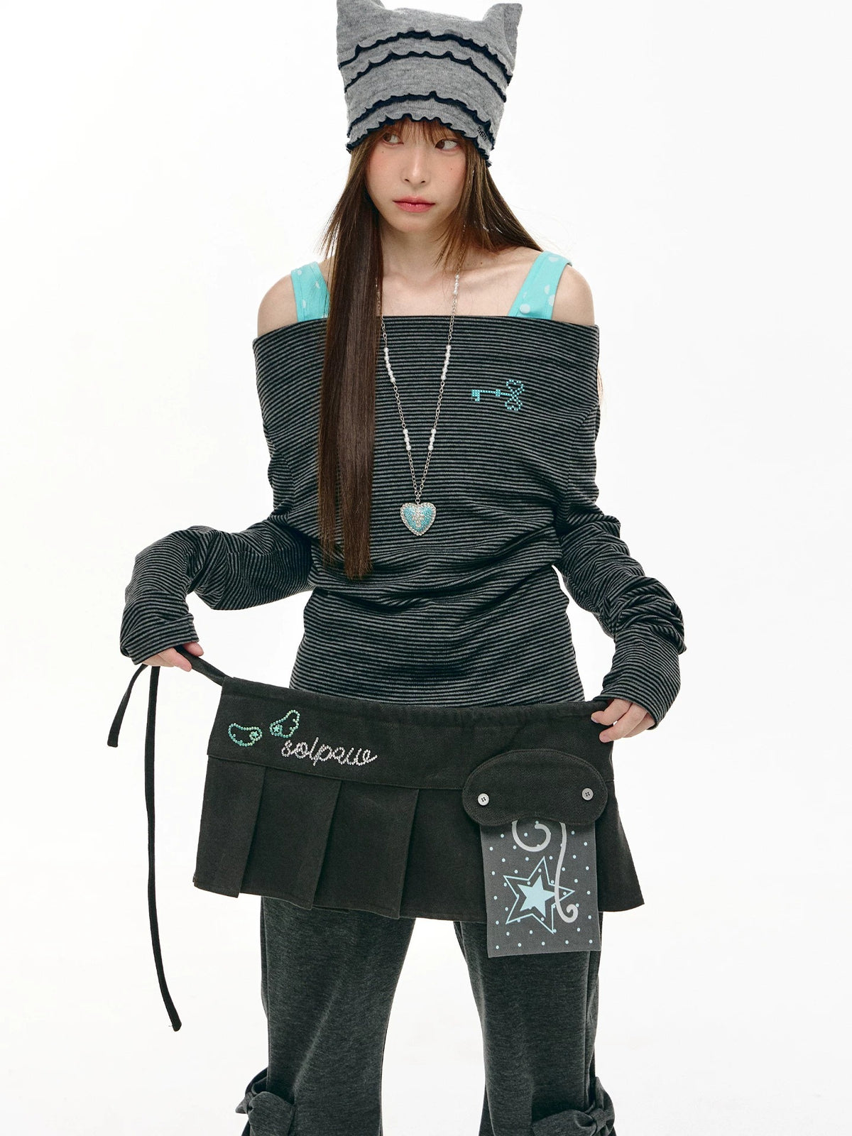 Star Pocket Pleated Layering Wrap Skirt