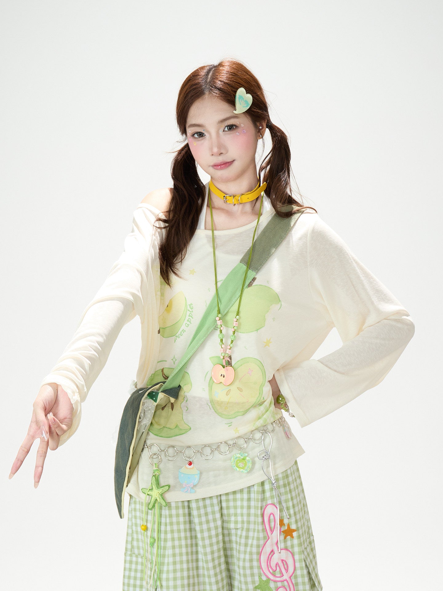Green Apple Sheer Top & Plaid Doodle Pants