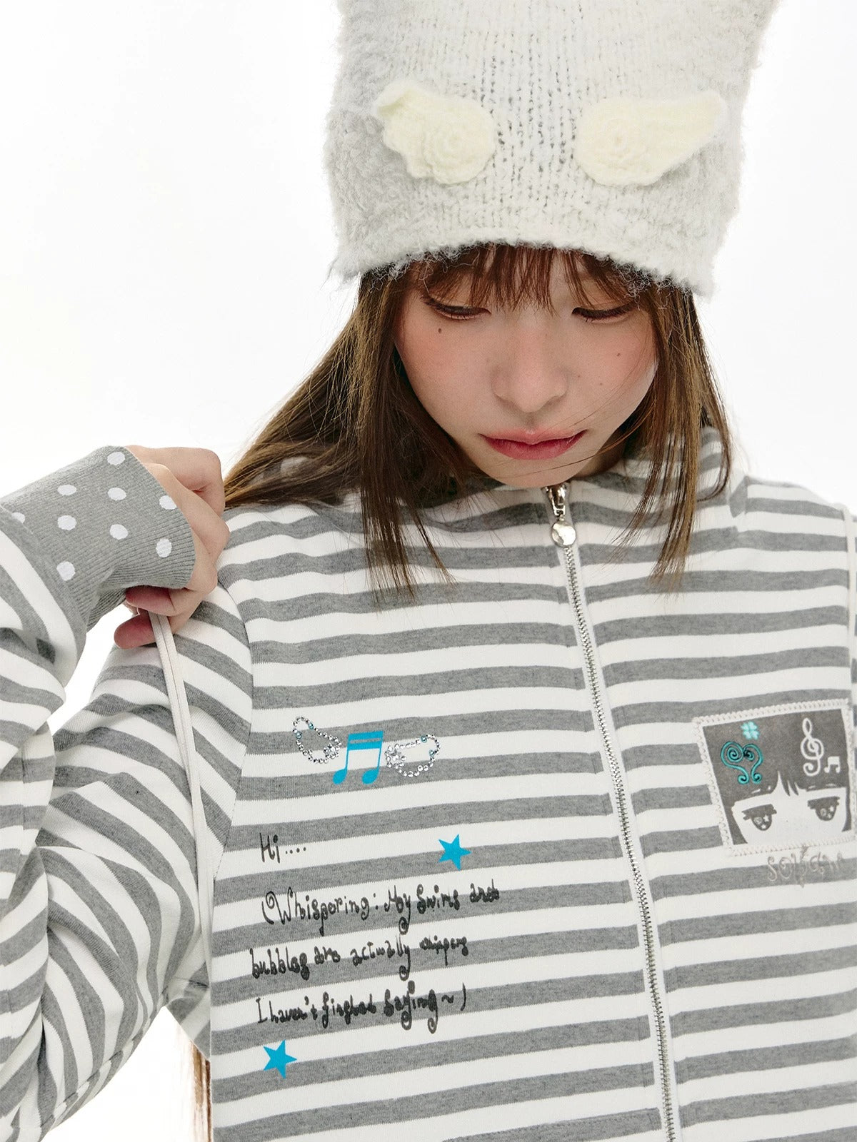 Mint & Gray Stripe Cat-Ear Zip Hoodie