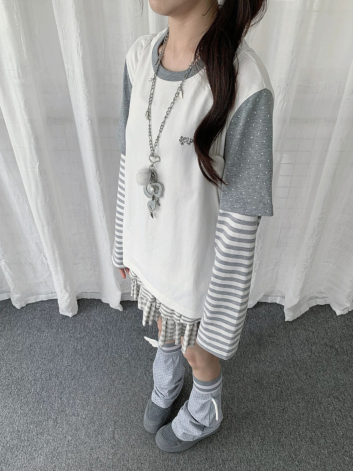 Ivory Polka Dot Stripe Faux-Layer Long Sleeve Top