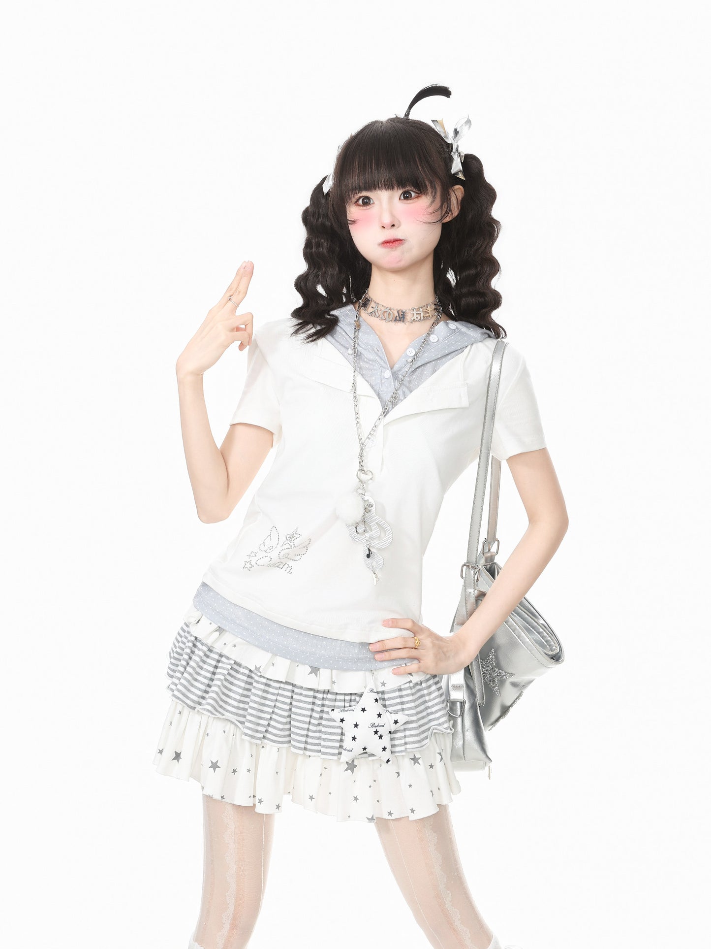 Starry Rhinestone Polka Dot Layered Hood Tee