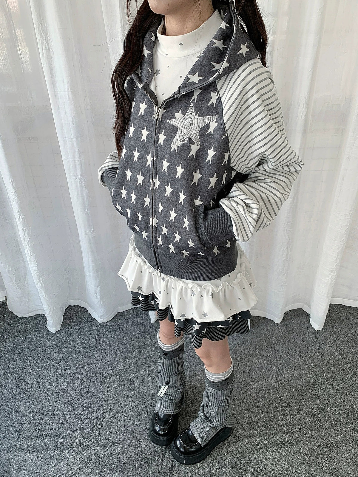 Star & Stripe Patchwork Zip-Up Hoodie