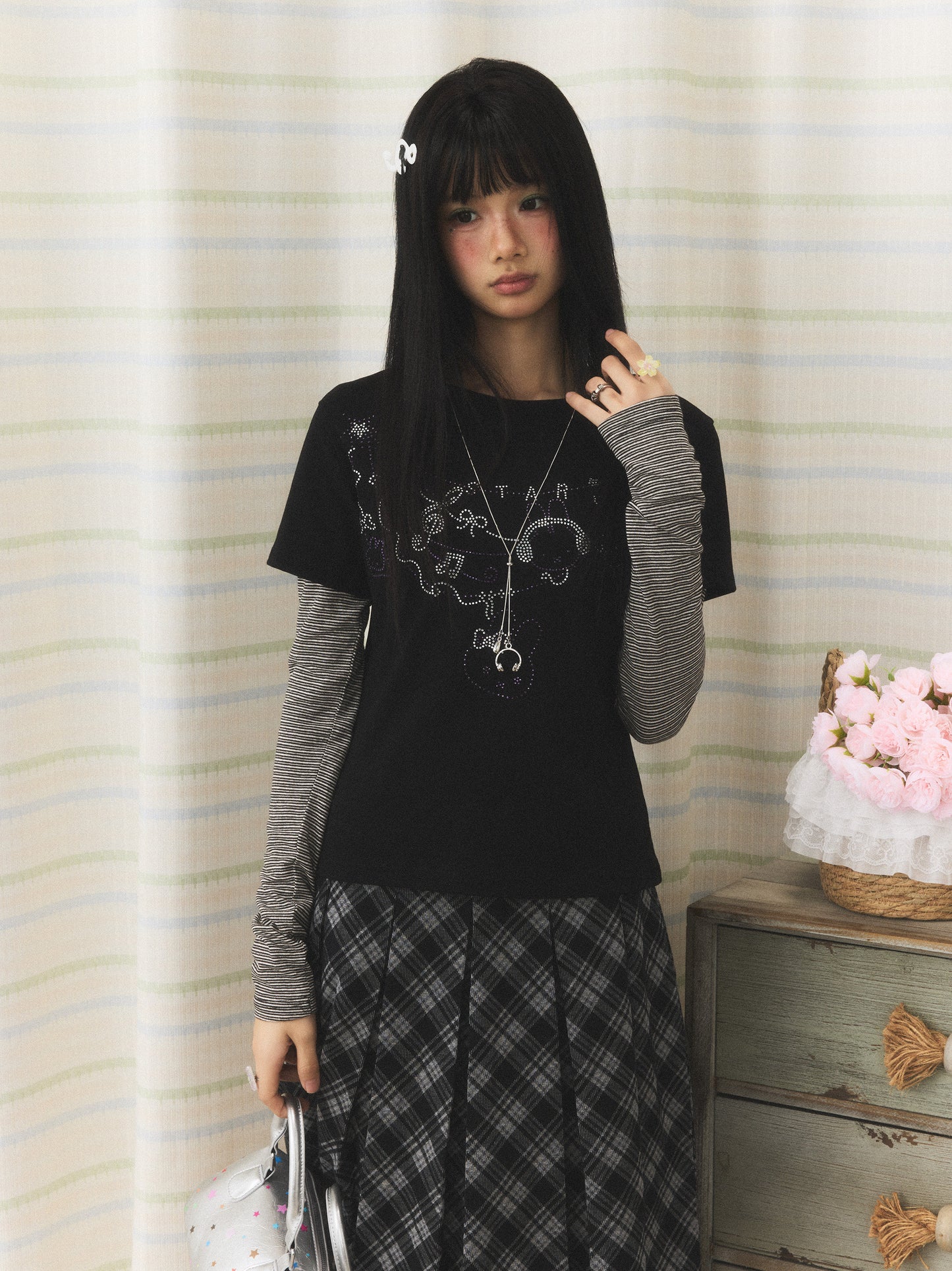 Rhinestone Melody Faux-Layer Stripe Long-Sleeve Tee