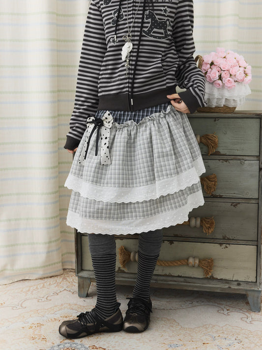 Asymmetric Plaid Lace Tiered Midi Skirt