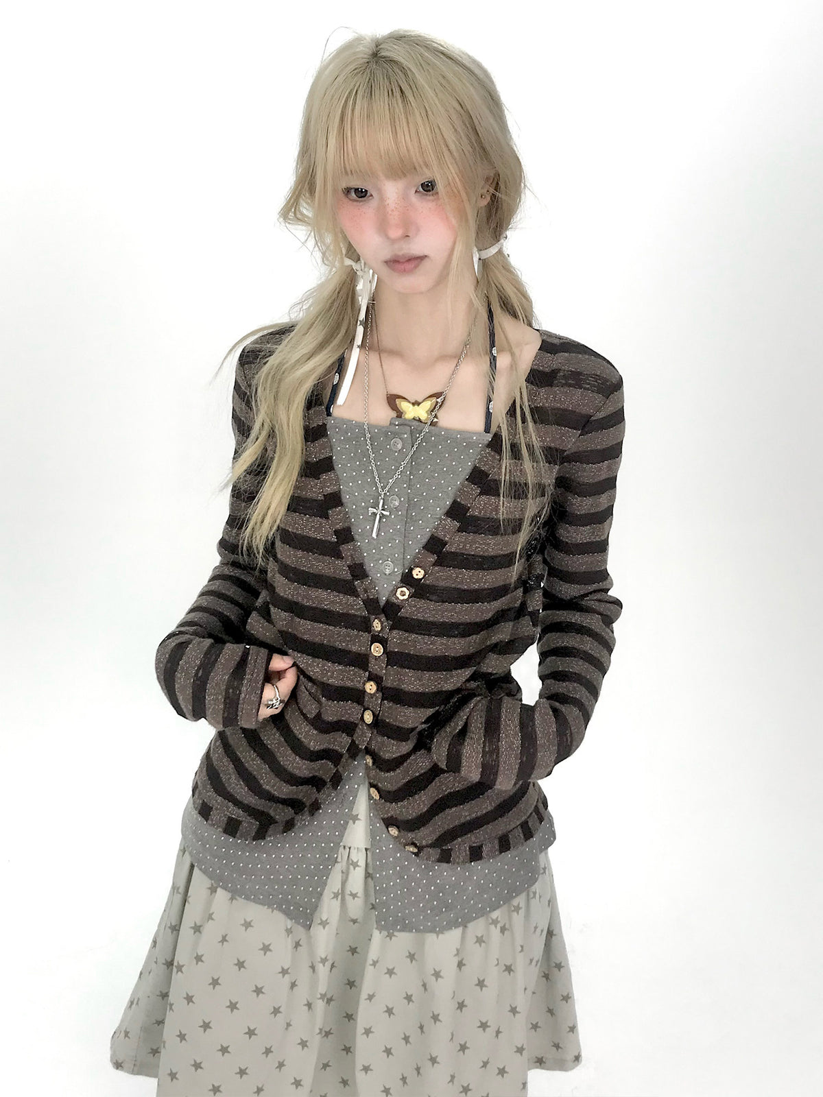 Striped Polka Dot Faux-Layered Button Long Sleeve Top