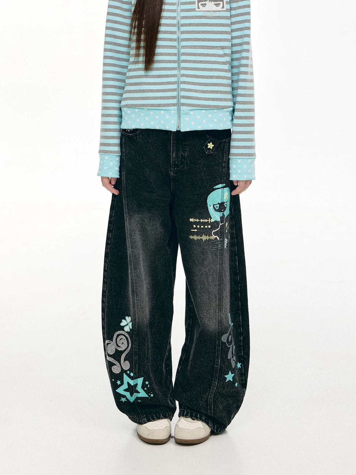 Washed Black Cartoon Music Note Barrel-Leg Jeans