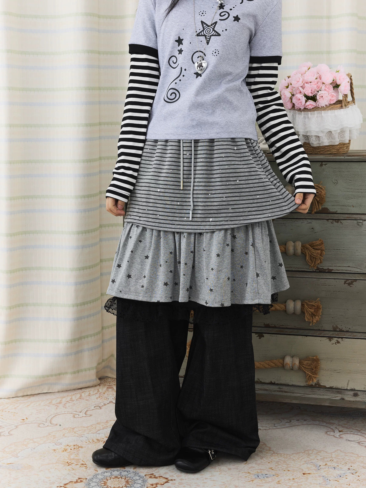 Star Stripe Layered Skirt Wide-Leg Pants