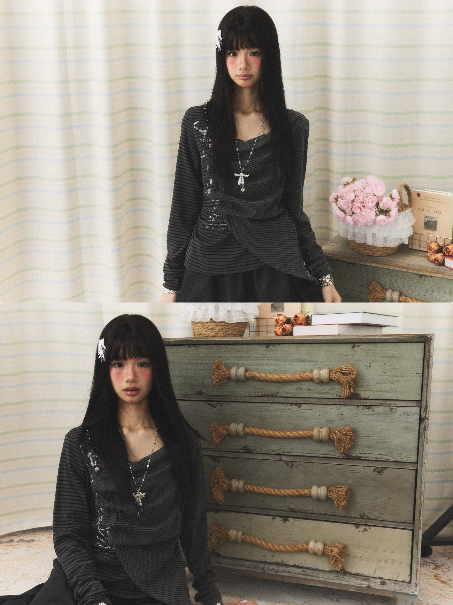 Charcoal Stripe Studded Draped-Neck Long-Sleeve Top